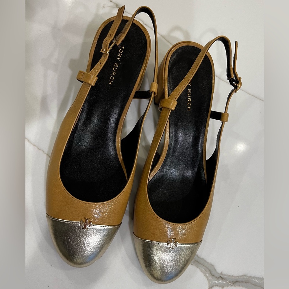 Tory Burch Camel and Silver Cap-Toe Slingback